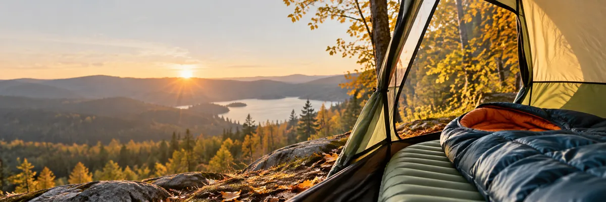 Schlafsack und Isomatte im Zelteingang, Herbstwald
