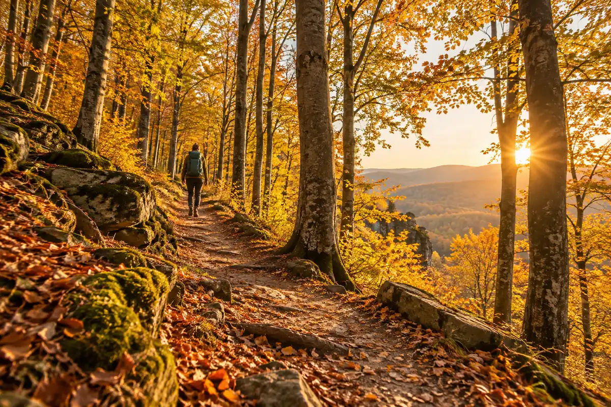 Ein Wanderweg durch einen Buchenwald im Herbst
