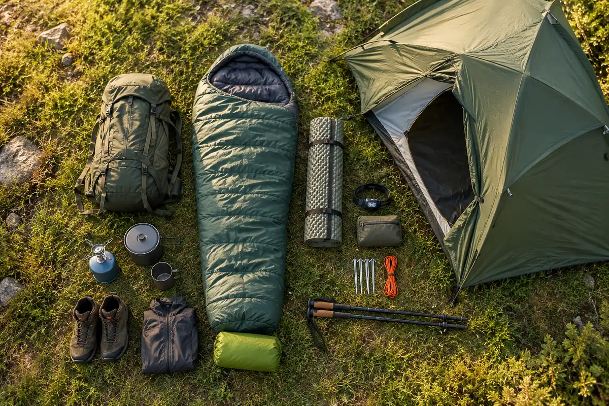 Ausrüstung für ein Wochenende, auf einer Wiese ausgelegt: Rucksack, Zelt, Schlafsack und Kocher