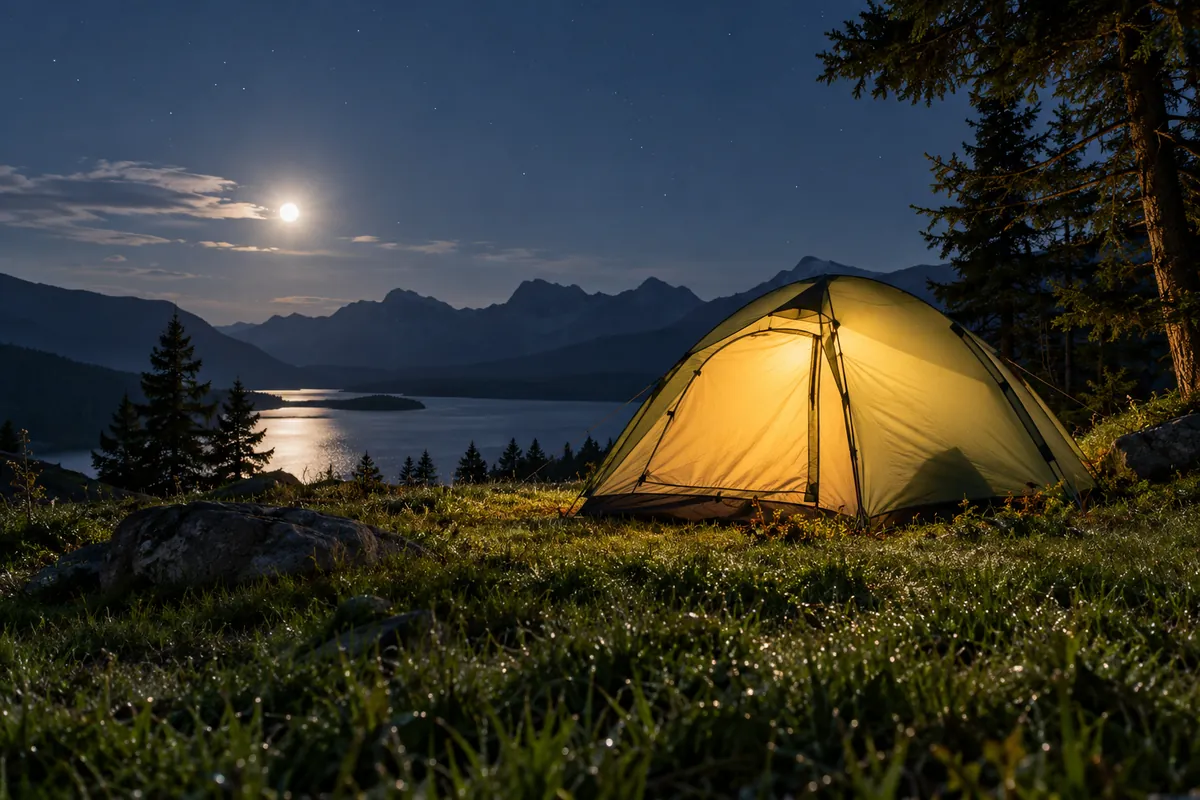 Ein Zelt bei Nacht von innen beleuchtet