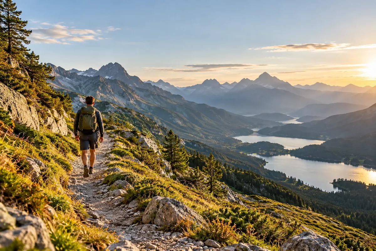 Ein Wanderer von hinten mit Tagesrucksack auf einem Bergpfad