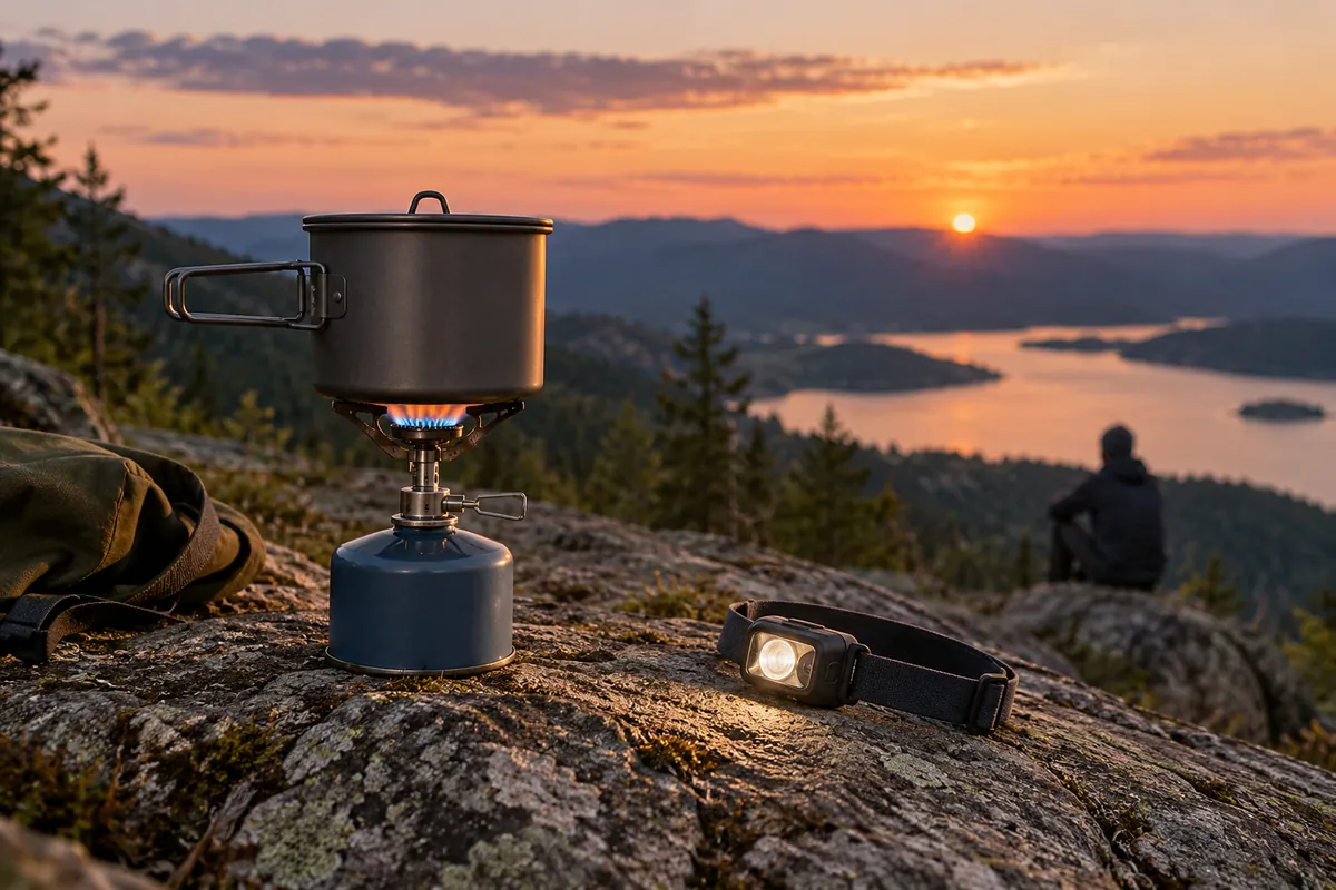 Gaskocher und Stirnlampe am Lagerplatz